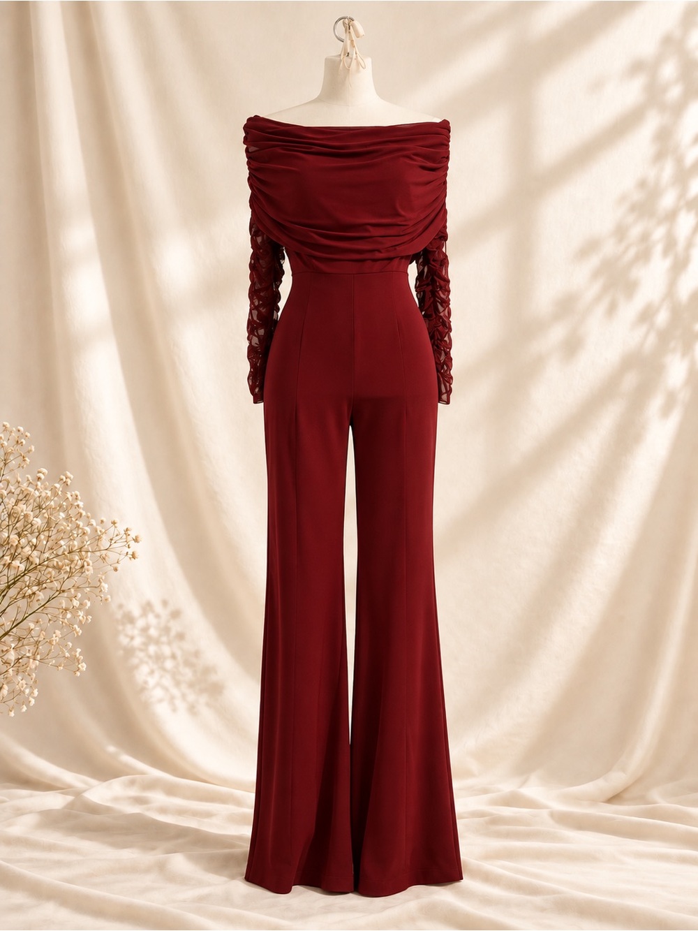 Off-Shoulder Burgundy Wide-Leg Jumpsuit